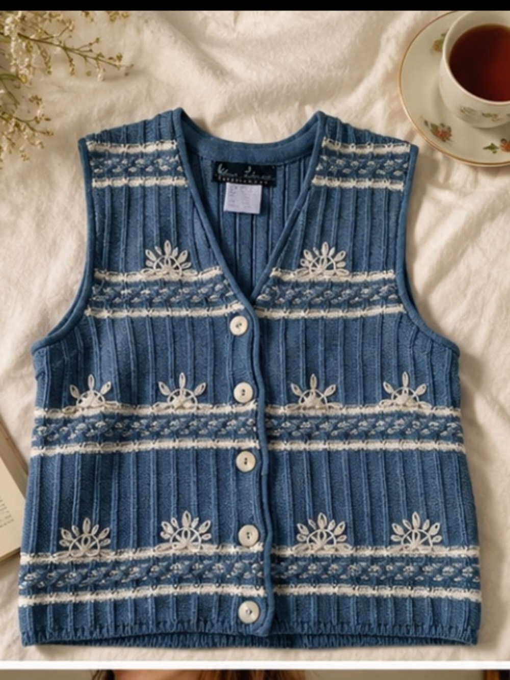 Vintage Blue Embroidered Button Front Sweater Vest Cotton Knit - Picture 2 of 6